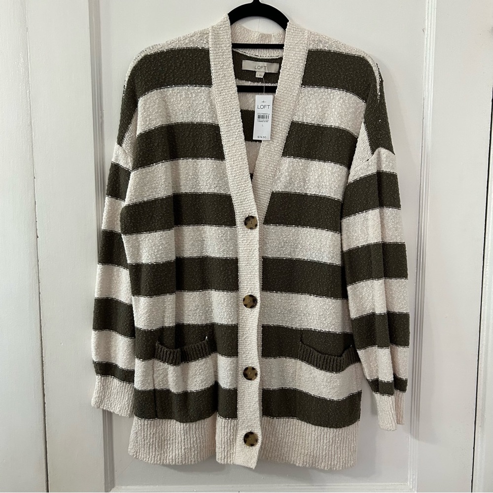 LOFT Ann Taylor cardigan sweater womens size L stripes v-neck green white cream